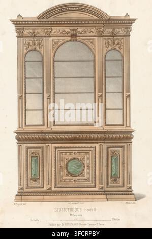 Bücherregal, Bibliothèque Henri II, Le garde-meuble, Collection de Meubles, Druck, Seriennummer, 1371, Ein Bücherregal im Henry-II-Stil. Druck aus 231e Livraison., Druckgrafiker: Midart, nach Entwurf von Alexandre Eugène Prignot, Drucker (Person): Becquet, Paris, Verleger: Désiré Guilmard, 1839 - 1885, Drucker (Person), Papier, Lithografie, handkoloriert, handkoloriert, Höhe 356 mm x Breite 272 mm, mit Türen., Eine detaillierte Zeichnung eines kunstvollen Holzschranks mit einem oberen Ausstellungsbereich und einem unteren Lagerbereich, in warmen Beige- und Brauntönen mit grünlichen Akzentpaneelen dargestellt. Der obere Stockfoto
