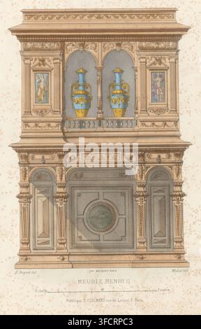 Eine detaillierte architektonische Zeichnung eines kunstvollen Holzschranks mit dekorativen Säulen, geschnitzten Profilen und gewölbten Nischen. Der obere Abschnitt zeigt ein Gesims mit Schnörkelwerk und einem zentralen vertieften Bereich, der zwei gewölbte Öffnungen enthält, die von gerillten Pilastern und ornamentalen Kapitellen eingerahmt sind; in jeder Öffnung steht eine große blau-goldene Vase mit Henkeln und dekorativen Girlanden, die auf einem kleinen balustrierten Regal platziert ist. Die Bögen flankieren rechteckige Paneele, die in gerahmten Pilastern eingesetzt sind, wobei jedes Panel eine gemalte Figur auf farbigem Hintergrund enthält. Der Mittelteil zeigt ein horizontales Fries mit geschnitzten Stockfoto