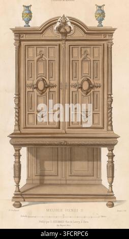 Schrank mit Schrank-Set, Meuble Henri II, Le garde-meuble, Collection de Meubles, Druck, Seriennummer, 1385, Ein Schrank im Henri-II-Stil mit einem Schrank-Set, das aus zwei Vasen besteht. Druck aus der 233. Livraison., Druckgrafiker: Midart, Drucker (Person): Becquet, Paris, Verleger: Désiré Guilmard, 1839 - 1885, Drucker (Person), Papier, Lithografie, Handfärbung, handfärbig, Höhe 360 mm x Breite 275 mm, Möbel zur Aufbewahrung., Ein hoher Holzschrank mit doppelt verglasten Türen, die von einer kunstvoll geschwungenen Krone gekrönt sind, mit geschnitzten dekorativen Motiven und zentralen ovalen Medaillons auf jeder Tür; geriffelt Stockfoto