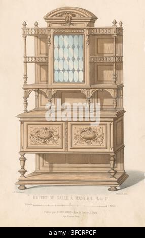 Buffet, Buffet de salle à manger Henri II, Le garde-meuble, Collection de Meubles, Druck, Seriennummer, 1474, Ein Buffet-Schrank im Henry-II-Stil, für ein Esszimmer gedacht. Druck aus der 248. Livraison., Druckgrafiker: Midart, Drucker (Person): Becquet, Paris, Verleger: Désiré Guilmard, 1839 - 1885, Drucker (Person), Papier, Lithografie, Handfärbung, handgefärbt, Höhe 360 mm x Breite 274 mm, Möbel für die Aufbewahrung., Eine detaillierte Zeichnung eines kunstvollen Holzbuffets mit geschnitzten Dekorpaneelen und gedrehten Beinen, mit einem oberen Schrank mit einem gewölbten Giebeldach und einer zentralen verglasten Tür mit einem Stockfoto