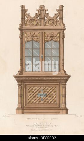 Bibliothèque Genre gothique, Bücherregal, Der Garderobenschrank, Möbelkollektion, Druck, Seriennummer, 1710, Ein gotisches Bücherregal. Druck aus der 287. Livraison., Druckgrafiker: Chanat, Drucker (Person): Becquet frères, Paris, Verleger: Eugène Maincent, Verleger: Désiré Guilmard, 1885 - 1895, Drucker (Person), Papier, Lithografie, handkoloriert, handkoloriert, Höhe 358 mm x Breite 275 mm, mit Türen., Ein hoher Holzschrank mit kunstvoll geschnitzten Säulen und einem dekorativen Gesims, das von drei scrollförmigen Aufsätzen gekrönt ist, wobei jedes Aufsätze ein rundes Medaillon mit einem geschnitzten menschlichen Profil enthält, steht gegen eine Stockfoto