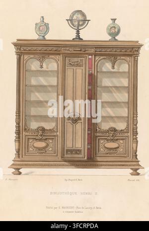 Bibliothèque Henri II, Bücherregal, Le garde-meuble, Sammlung von Möbeln, Druck, Seriennummer, 1612, Ein Bücherregal im Henry-II-Stil. Druck aus der 271. Livraison., Druckgrafiker: Marcal, Drucker (Person): Becquet frères, Paris, Verleger: Eugène Maincent, Verleger: Désiré Guilmard, 1885 - 1895, Drucker (Person), Papier, Lithografie, handkoloriert, handfarbig, Höhe 361 mm x Breite 272 mm, mit Türen., Ein hoher Holzschrank mit kunstvollen geschnitzten Details und dekorativen Profilen, mit zwei Glasfrontschränken mit Regalen und einer zentralen Paneeltür mit geschnitzten Verzierungen, a Stockfoto