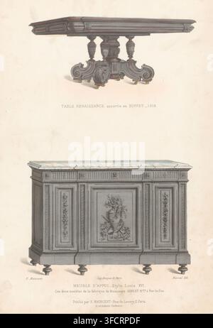 Tisch-Renaissance, Meuble d'appui Stil Louis Print von 273e Livraison., Drucker: Marcal, Drucker (Person): Becquet frères, Paris, Verleger: Eugène Maincent, Verleger: Désiré Guilmard, 1885 - 1895, Marcal, Becquet frères, Eugène Maincent, Désiré Guilmard, Druckgrafiker, Drucker (Person), Verleger, Papier, Lithografie, Handfärbung, handkoloriert, Höhe 357 mm x Breite 276 mm, Tisch, Möbel zur Aufbewahrung., Eine detaillierte Illustration zeigt zwei kunstvolle Holzmöbel auf einem hellen Hintergrund. Das obere Stück ist eine rechteckige Tischplatte, die von drei gedrehten, geschnitzten Mittelsäulen gestützt wird Stockfoto