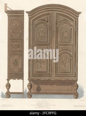 Bahut, Schrank, Der Garderobenschrank, Möbelsammlung, Druck, Seriennummer, 1806, Ein verzierter (Sideboard-)Schrank. Druck aus der 303e Lieferung., Grafiker: Léon Laroche, Drucker (Person): Becquet frères, Paris, Verleger: Eugène Maincent, Verleger: Désiré Guilmard, 1885 - 1895, Drucker (Person), Papier, Lithografie, handkoloriert, handfarbig, Höhe 355 mm x Breite 275 mm, Möbel zur Aufbewahrung., Eine detaillierte Zeichnung eines Holzschranks mit kunstvoll geschnitzten Paneelen und gedrehten Beinen wird gezeigt, mit einer hohen gewölbten Doppeltür mit geschichteten Profilein und geschnitzten Szenen in vertieften Paneelen, einschließlich Stockfoto