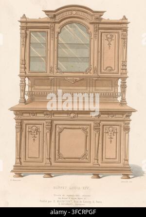Louis XIV Buffet, Buffetschrank, Le garde-meuble, Möbelsammlung, Druck, Seriennummer, 1955, Ein Buffetschrank im Louis-XIV-Stil. Druck aus der 328e Livraison., Druckgrafiker: Léon Laroche, Drucker (Person): Becquet frères, Paris, Verleger: Eugène Maincent, Verleger: Désiré Guilmard, 1885 - 1895, Drucker (Person), Papier, Lithografie, handkoloriert, handfarbig, Höhe 359 mm x Breite 275 mm, Möbel zur Aufbewahrung., Eine detaillierte Zeichnung eines kunstvoll verzierten Holz-Sideboards mit geschnitzten Paneelen und dekorativen Profilen, die einen oberen Bereich mit einer zentralen gewölbten Glastür zeigt, flankiert von zwei rechteckigen Stockfoto