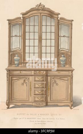 Louis-XV-Esszimmer-Buffet, Sideboard, Le garde-meuble, Möbelkollektion, Druck, Seriennummer, 2088, Ein Sideboard im Louis-Druck aus der 350. Lieferung (livraison)., Druckgrafiker: Chanat, Drucker (Person): Monrocq, Paris, Verleger: Witwe Eugène Maincent, 1895 - 1935, Drucker (Person), Papier, Lithografie, Handfarbe, handfärbig, Höhe 359 mm x Breite 270 mm, Möbel zur Aufbewahrung., Ein hoher Holzschrank mit kunstvollen geschnitzten Profilen und geschwungenen Aufsätzen, mit einem mittleren Teil mit doppelten Glastüren, die in kleine Scheiben unterteilt sind und von schmaleren Glasfronten an den Seiten flankiert werden Stockfoto