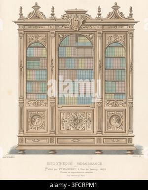 Renaissance-Bibliothek, Bücherregal, Der Möbelschützer, Möbelkollektion, Druck, Seriennummer, 2214, Ein Renaissance-Bücherregal. Druck aus der 371. Ausgabe (Lieferung)., Druckgrafiker: Léon Laroche, Drucker (Person): Monrocq, Paris, Verleger: Witwe Eugène Maincent, 1895 - 1935, Drucker (Person), Papier, Lithografie, Handfärbung, handgefärbt, Höhe 358 mm x Breite 275 mm, mit Türen., Eine detaillierte Vorderansicht eines kunstvoll verzierten Holzregals mit drei gewölbten Glastüren, die mit Reihen von Büchern in gedeckten Pastellfarben gefüllt sind, der mittlere Teil größer und von zwei schmaleren Teilen flankiert. Die Oberseite Stockfoto