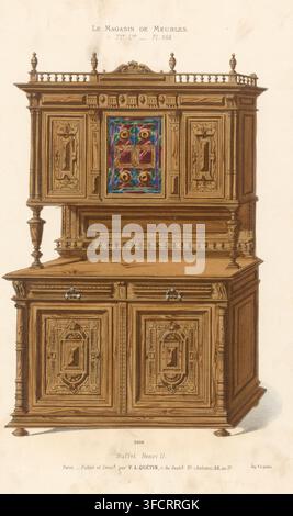 Buffet Henri II, Sideboard, Le Magasin de Meubles, Druck, Seriennummer, 564, Ein Sideboard im Henry-II-Stil. Druck aus der 71e Livraison., nach Entwurf von Victor Léon Michel Quétin, Paris, 1878 - um oder nach 1904, Druckgrafiker, Drucker (Person), Papier, Lithografie, Handfärbung, handfärbt, Höhe 360 mm x Breite 275 mm, Möbel zur Aufbewahrung., Ein hoher Holzschrank mit kunstvoll geschnitzten Paneelen und gedrehten Säulen, mit einer zentralen oberen Tür mit einem mehrfarbigen Buntglasfenster, umgeben von geschnitzter Holzarbeit, einer dekorativen Balustrade entlang der Oberkante mit Aufsätzen, einer breiten flachen Oberfläche Stockfoto