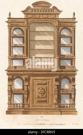 Sideboard, Buffet à Glaces, Le Magasin de Meubles, Druck, Seriennummer, 534, Ein Sideboard mit Glastüren. Druck aus 67e Livraison., nach Entwurf von Victor Léon Michel Quétin, Paris, 1878 - in oder nach 1904, Druckgrafiker, Drucker (Person), Papier, Lithografie, handkoloriert, handkoloriert, Höhe 356 mm x Breite 274 mm, Möbel zur Aufbewahrung., Eine detaillierte Zeichnung eines hohen Holzschranks mit kunstvollen geschnitzten Leisten und dekorativen Säulen, mit einem großen zentralen vertieften Spiegelteil mit horizontalen Regalen, flankiert von symmetrisch gestapelten gewölbten Spiegelpaneelen, Knauf oben an den oberen Ecken, Stockfoto
