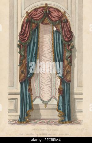 Archivolte Lambrequin et Draperies, Fenster mit Vorhängen, Le Magasin de Meubles, Druck, Seriennummer, 631, Ein Fenster mit drapierten Vorhängen. Druck aus 79e Livraison., Drucker (Person): Victor Léon Michel Quétin, Paris, 1878 - nach 1904, Druckgrafiker, Drucker (Person), Papier, Lithografie, handkoloriert, handkoloriert, Höhe 355 mm x Breite 275 mm, Wandbehänge und Draperien, Fenster. Ein hohes gewölbtes Fenster, geschmückt mit geschichteten Vorhängen und Girlanden, steht im Zentrum des Bildes, eingerahmt von erhabener Vergabelung. Die äußeren Vorhänge sind aus tiefem, blaugrünem Stoff mit einem weichen Glanz und goldener Franse entlang ihrer Kanten, gerafft Stockfoto