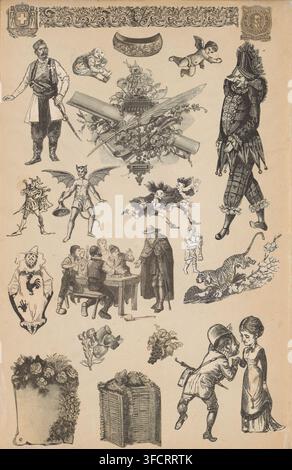 Ein sepiafarbenes Blatt, gefüllt mit zahlreichen schwarzen Radierungen, die vertikal angeordnet sind, einschließlich ornamentaler Blumenbordüren und Wappen oben, ein stehender Mann in traditioneller Kleidung, der ein Schwert hält, ein liegendes Baby, ein fliegender Putto, ein dekorativer Federbüschel, Schriftrollen, Rosen und eine Federkiel, eine große Narrenfigur in gemusterten Strumpfhosen und einem gefiederten Hut, ein geflügelter Dämon, der eine Glocke hält, eine kleine groteske Figur mit mehreren Gesichtern, zwei kleine laufende Figuren mit wildem Haar, eine Gruppe von sitzenden Jungen um einen Tisch mit einem Stehenden, ein alter umhüllter Mann mit einem Stab, der auf das… Stockfoto