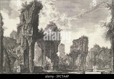 Die Bäder des Caracalla in Rom, Rovine del Sisto, o sia della gran sala delle Terme Antoniniane, Vedute di Roma disegnate ed incise da Giambattista Piranesi architetto Ve(nez)iano, Ansichten von Rom, Druck, Blick auf die Überreste der Bäder des Caracalla in Rom. Titel auf dem Block unten rechts., Grafiker: Giovanni Battista Piranesi, Rom, 1748 - 1778, Papier, Radierung, Höhe 434 mm x Breite 665 mm, Dieser Druck ist Teil der Serie 'Vedute di Roma'. Piranesi arbeitete zwischen 1748 und seinem Tod 1778 an dieser Serie von 135 Platten. Francesco Piranesi fügte später zwei weitere Drucke zur Serie seines Vaters hinzu: Ruine Stockfoto