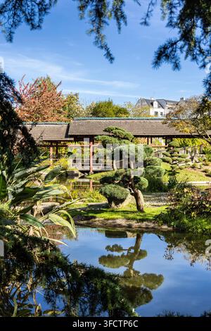 Holzweg und Teich im Japanischen Garten auf der Île de Versailles, Nantes, Frankreich Stockfoto