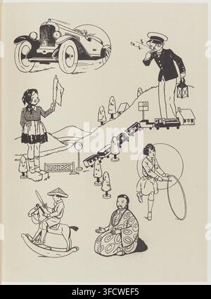 Eine Zeichnung von 1937 mit verschiedenen Kinderspielen und Aktivitäten, darunter ein Auto, eine Eisenbahn, ein Leuchtturmwärter, ein Mädchen mit einer Fahne, ein Junge auf einem Schaukelpferd, eine Frau, die mit einem Reifen spielt, und ein Kind, das auf einem Stuhl sitzt, angeordnet in einer horizontalen Linie, aus einem Kinderbuch. Stockfoto