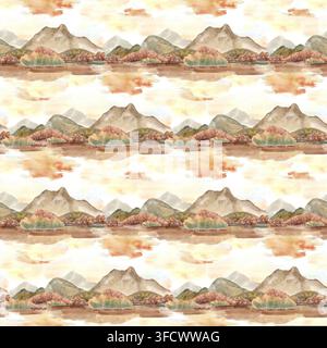 Aquarell-herbstliche Berglandschaft nahtloses Muster in erdigen Tönen. Handgemalte Hügel mit Herbstbäumen und Sonnenuntergangshimmel. NaturSzene-Wiederholung Beige Stockfoto