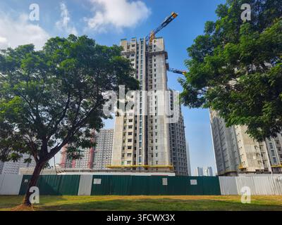 Hochhaus-Wohnkomplex im Bau, mit Betonkonstruktionen, gelben Turmdrägen, Little India, Singapur Stockfoto