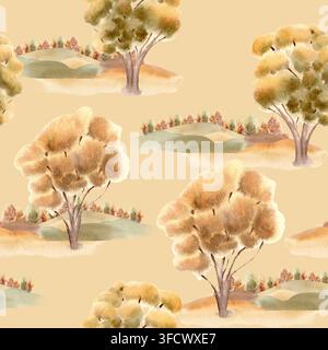 Nahtloses Aquarellmuster von Landschaften mit goldenen Bäumen und sanften Hügeln auf beigem Hintergrund. Herbstliche Landschaftsrepeat handgezeichnet in warmen Tönen Stockfoto