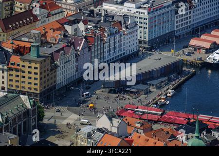 Bergen, Norwegen – 7. Juli 2026: Luftaufnahme des Fischmarkts Torget und der Ufergebäude in Bergen. Stockfoto