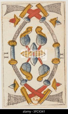 Eine dekorative Karte aus dem Jahr 1659 aus dem "tarot Noblet"-Set, die zwei gekreuzte Schwerter und ein zentrales Blumendesign innerhalb eines ovalen Rahmens zeigt, ein Beispiel für eine italienische Tarotkarte aus dem 17. Jahrhundert. Stockfoto
