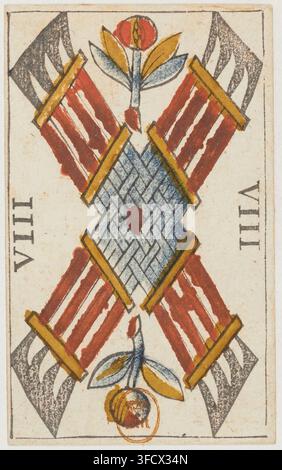 Ein Kupferstich von 1659 einer Tarotkarte aus dem "tarot Noblet"-Set, mit zwei gekreuzten Schwertern und einem zentralen Diamantmuster, symmetrisch angeordnet. Stockfoto