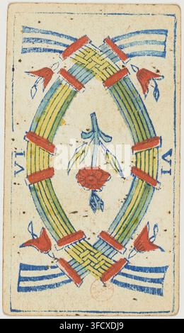 Eine Sechs-von-Schwertern-Tarotkarte, geätzt im Jahr 1865, mit einem gewebten Muster und Blumenmotiven innerhalb eines ovalen Rahmens. Stockfoto