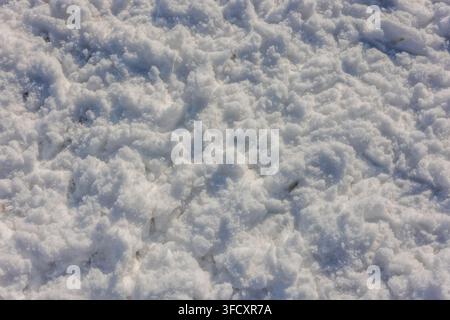 Detaillierte Nahaufnahme einer strukturierten Schneeoberfläche mit Hühnerfußabdrücken. Stockfoto