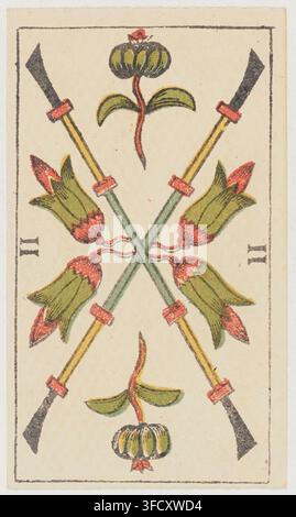 Eine Tarotkarte, nummeriert II, mit zwei gekreuzten Schwertern und einer Blume, aus einem Tarotdeck aus dem späten 19. Jahrhundert, 1888. Stockfoto