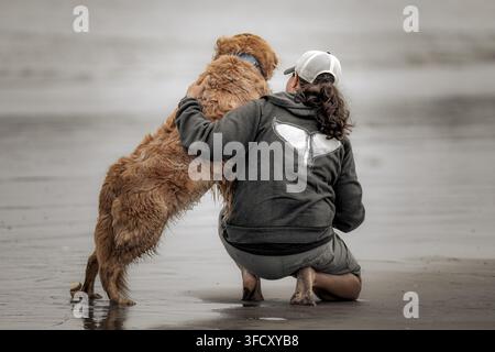 Zwei beste Freunde machen eine Pause vom Spielen am Strand und kommen im Sand zusammen Stockfoto