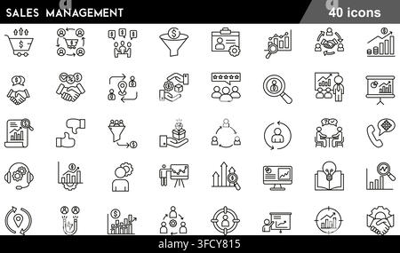 Vektor-Illustrationsset mit 40 Vertriebsmanagement-Symbolen, darunter Conversionstrichter, Kundenfeedback, Zielgruppe, Diagramm und Liniensymbole. Stock Vektor