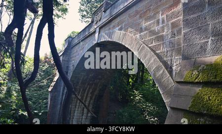 historische Steinbrücke mit dualen heraldischen Wappen in Kildary, Easter Ross, Schottland Stockfoto