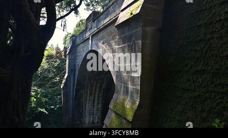historische Steinbrücke mit dualen heraldischen Wappen in Kildary, Easter Ross, Schottland Stockfoto