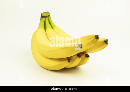 Reife Bananen dynamisch arrangiert mit grünem Stiel, Präsentation geschwungener Formen, lebendigem gelbem Farbton, glatter Textur, natürlichen braunen Spitzen, gleichmäßiger weicher Beleuchtung Stockfoto