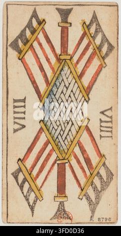 Ein Stich aus den Jahren 1713-1743 einer Tarotkarte, nummeriert VIII, mit zwei gekreuzten Schwertern und einem gemusterten Schild. Stockfoto
