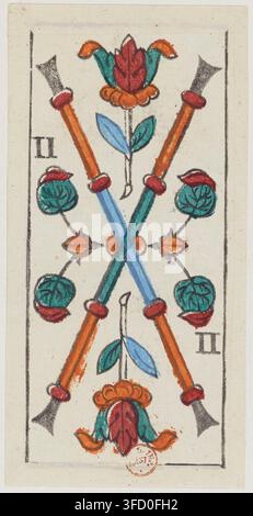 Eine Tarotkarte, nummeriert II, mit zwei gekreuzten Schwertern, die mit Blättern und Blumen geschmückt sind, aus einem Tarotdeck der Mitte des 19. Jahrhunderts, geätzt und gedruckt im Jahr 1860. Stockfoto