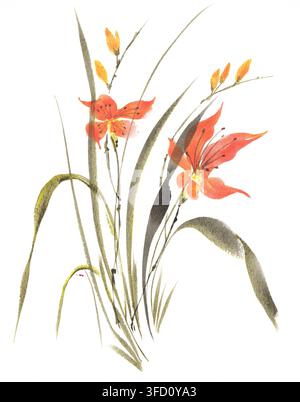 Scarlet Grace – originelle handgemalte Aquarellillustration von eleganten orange-roten Lilien mit anmutigen grünen Blättern und ausdrucksstarker asiatischer Inspiration Stockfoto