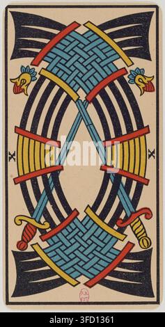 Ein Druck von 1930 einer Tarotkarte mit zwei gekreuzten Schwertern mit einem gewobenem Muster und Hähnen an den Enden, aus dem Jeu de tarot à enseignes italiennes, auch bekannt als Tarot de Marseille. Stockfoto