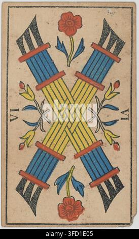Eine Radierung aus dem 19. Jahrhundert einer Tarotkarte, genauer gesagt der Sechs der Schwerter, mit zwei gekreuzten Schwertern und Blumendekorationen, datiert 1880. Stockfoto