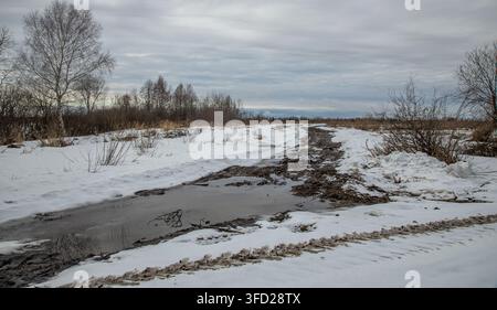 Zerbrochene Schotterstraße mit Pfützen im frühen Frühling Stockfoto