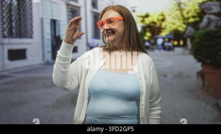 Frau Senior hispanic in hellblauem Tanktop und weißem Cardigan mit orangefarbener Brille hebt die rechte Hand mit gebogenen Fingern und schaut sie auf einem Stree an Stockfoto