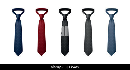 Krawatten-Set, Vektorillustration. Klassische Krawatten in Marineblau, Rot, Schwarz, Grau, Blau. Business-Krawatten für Büro, Hochzeit, Anzug, Corporate-Kleiderordnung Stock Vektor