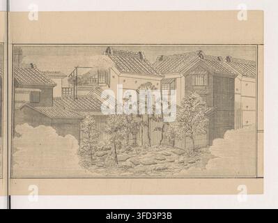 Ein traditioneller japanischer Innenhof in Tokio, umgeben von niedrigen Gebäuden, mit Bäumen und Felsen in der Mitte, in einer Zeichnung aus dem Jahr 1885. Stockfoto