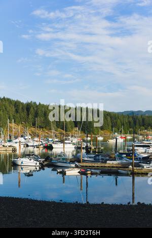 Ruhige Morgenansicht von Booten und Segelbooten, die im Hafen von Heriot Bay auf Quadra Island in British Columbia, Kanada, vertäut sind. Stockfoto
