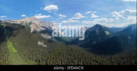 Sommerlandschaft von Mount Kidd South, panoramische Luftaufnahme über ein üppiges grünes Waldtal. Kananaskis, Alberta, Kanada. Stockfoto
