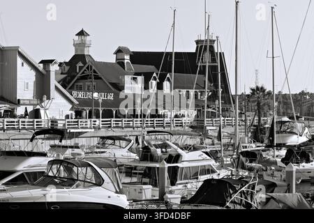 Marina voller Boote unter klarem Himmel. Bunte Gebäude säumen das Ufer. Segel ragen in ruhigem Wasser empor. Ideal für Reisen, Tourismus oder Nautik Stockfoto