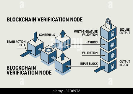 Isometrische Infografik zur Blockchain-Verifizierungsnode-Konsensdatenflussvektor Stock Vektor