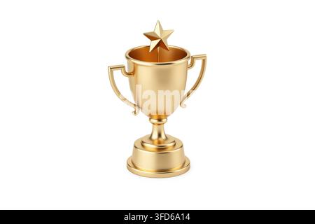 3D-Rendering eines goldenen Pokals mit einem Stern oben, der den ultimativen Sieg und außergewöhnliche Leistung symbolisiert. Stockfoto