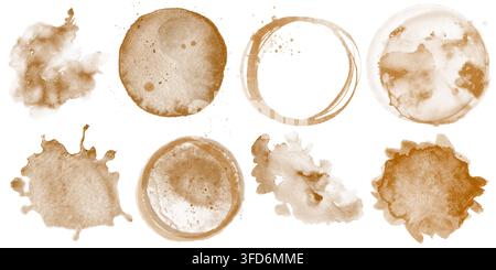 Aquarell-Illustrationsset mit kaffeebraunen Farbflecken und Spritzern. Perfekt für Branding, Verpackungen, Café-Menüs, Briefpapier, Hintergründe und Co Stockfoto