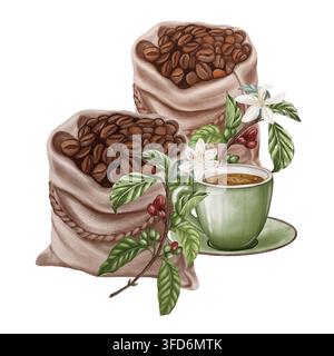 Kaffeetüten im Aquarellstil mit Kaffeebohnen, einer grünen Tasse und blühenden Zweigen. Ideal für Verpackungen, Café-Menüs, Bio-Lebensmittelfeste, Kit Stockfoto