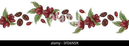 Nahtlose Wasserfarbenbordüre mit Arabica-Kaffeeblättern, roten Beeren und gerösteten Bohnen. Perfekt für Café-Menürahmen, Öko-Kaffee-Verpackungsdesign Stockfoto