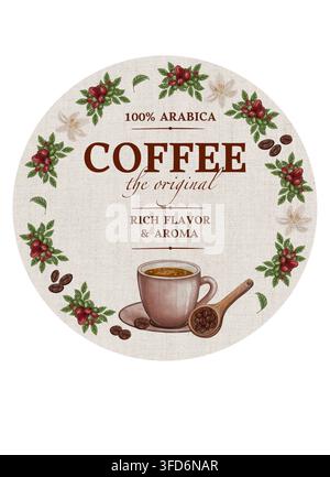 Ein rundes Etikettendesign für Kaffee mit einer Tasse, einem Holzlöffel und einem botanischen Kranz aus Beeren und Blumen. Perfekt für Kaffeeverpackungen Stockfoto